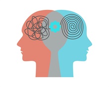 Two silhouettes facing opposite directions merged with a cog icon representing mental health